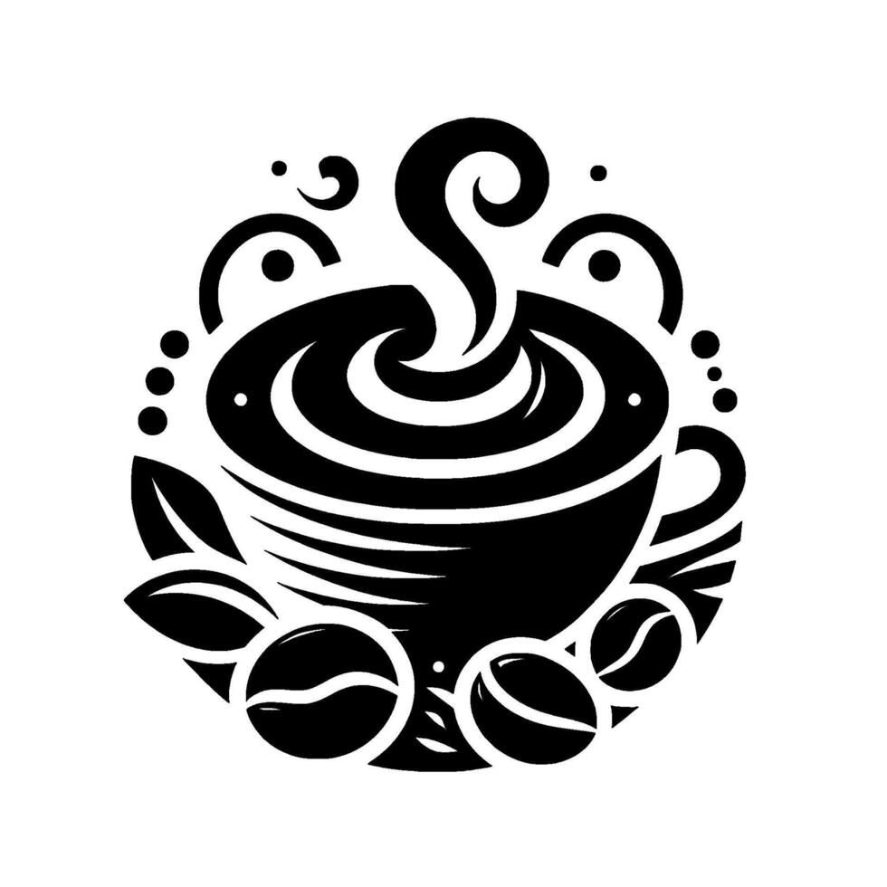 Stylized Black and White Coffee Cup, Steam, Beans and Leaves, Decorative Art vector