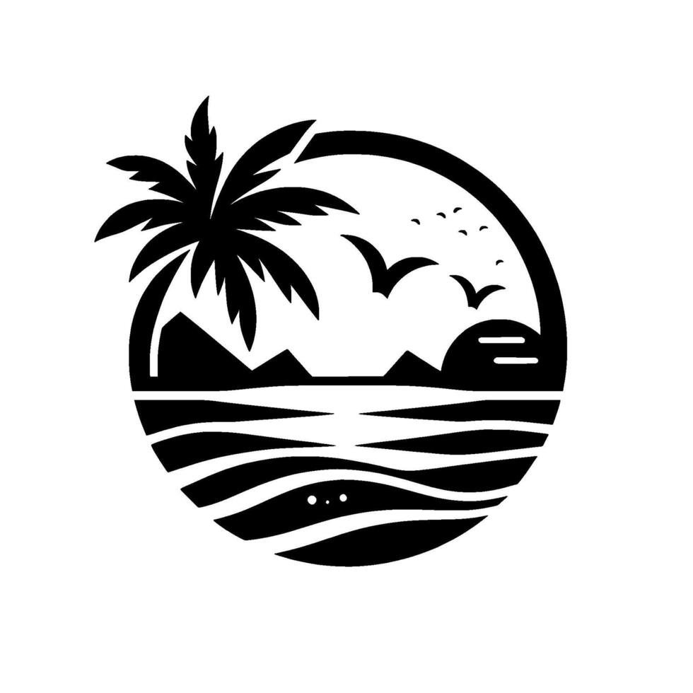 Minimalist Circular Illustration Tropical Island Scene with Palm Tree, Mountain Silhouette, Birds, Sunset, and Ocean Waves in Black and White. vector