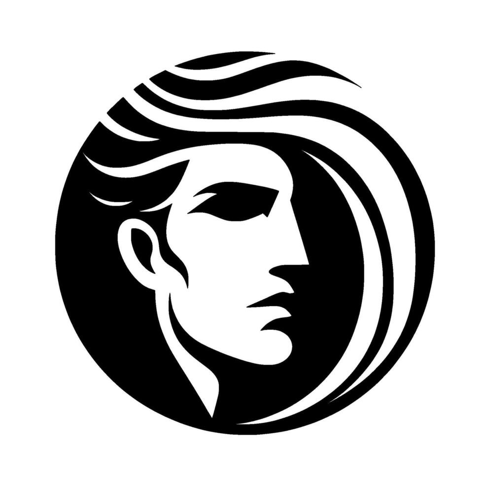 Black and white portrait of a stylized mans profile encircled in a black circle, flowing hair. vector