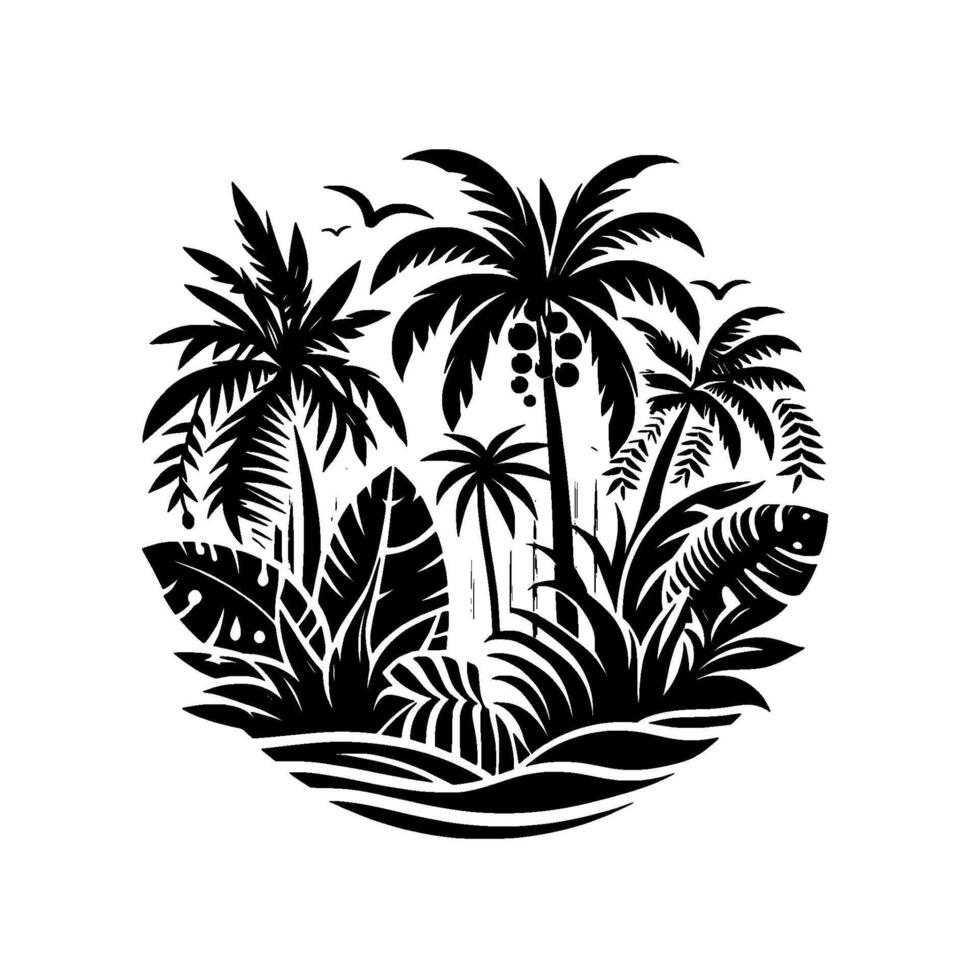 Black and White Tropical Paradise Silhouette of Palm Trees, Lush Foliage, and Flying Birds in a Circular Emblem. vector
