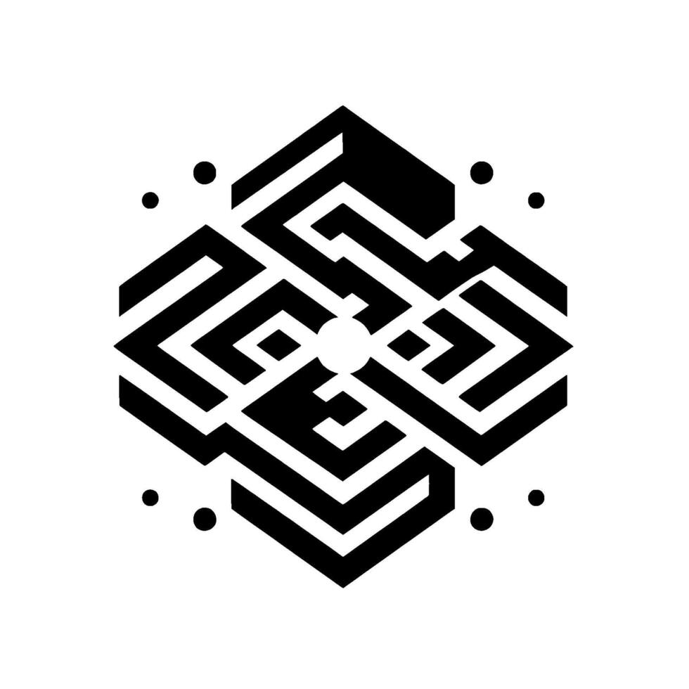 Symmetrical Black and White Geometric Design Hexagonal Maze with Central Circle and Surrounding Dots on a White Background. vector