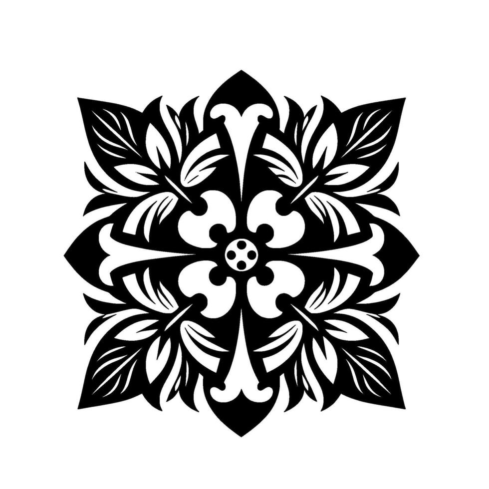 Symmetrical black and white floral mandala with layered leaf and petal patterns, creating a complex and elegant aesthetic. vector