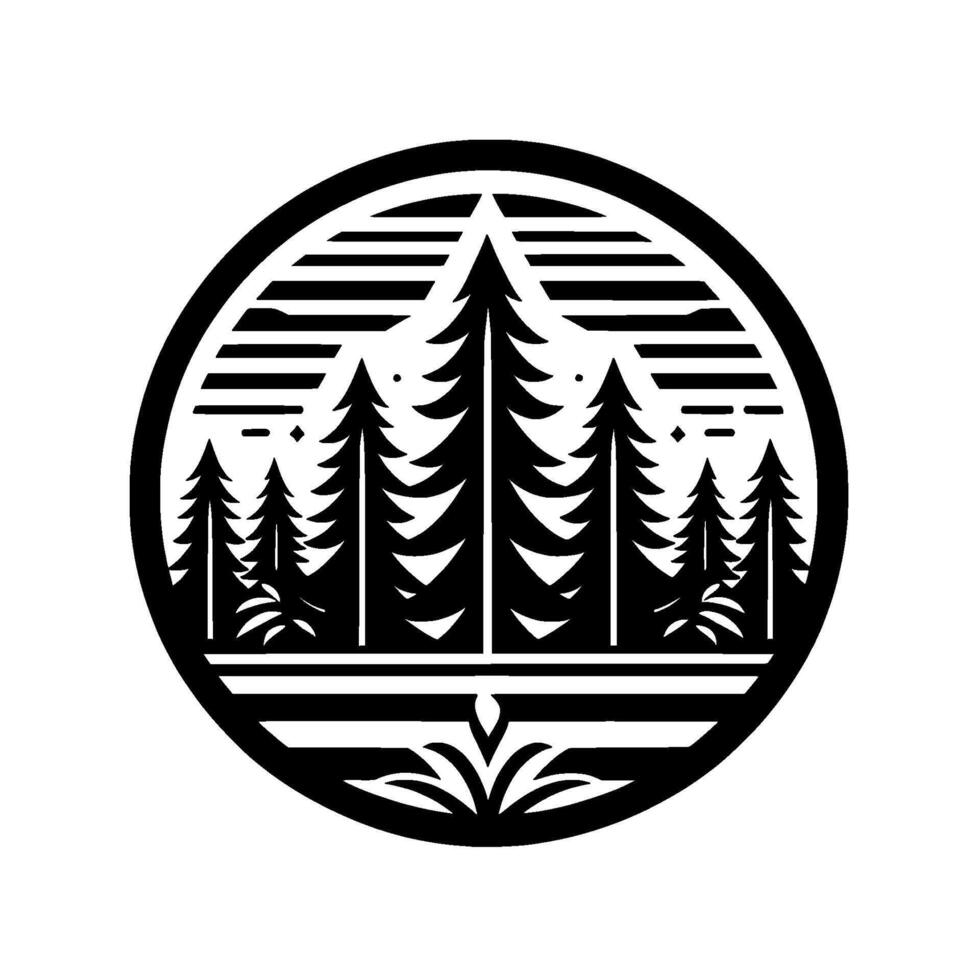 Monochromatic Circle Emblem Featuring Stylized Pine Trees, Sunset, and Decorative Leaf Base. vector
