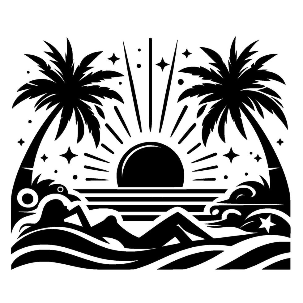 Silhouette of woman sunbathing on tropical beach with palm trees, sunset, sea, and starry sky in clean, bold, black and white style. vector