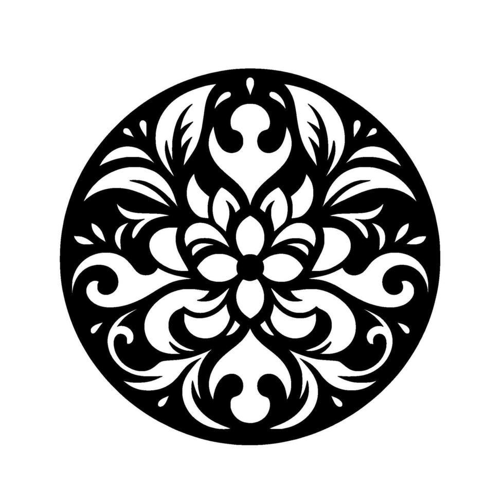Intricate black and white floral mandala design, a symmetrical, circular artwork with stylized leaves and petals against a white background. vector