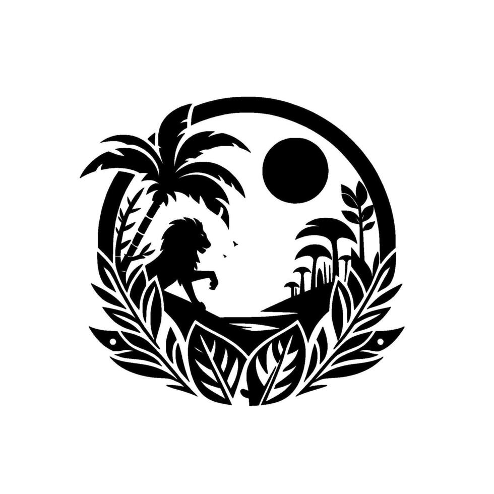 Stylized Black and White Circular Design Lion Silhouette in African Landscape, Palm Tree, Sun, Mountainous Background, and Natural Frame. vector