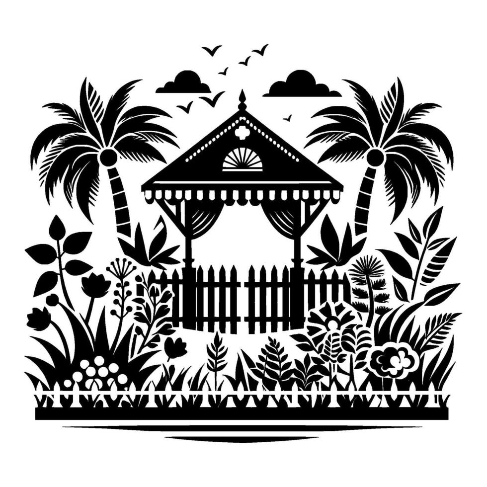 Stylized Black White Papercut Garden Scene with Gazebo, Palm Trees, Foliage, Birds, and Clouds. vector