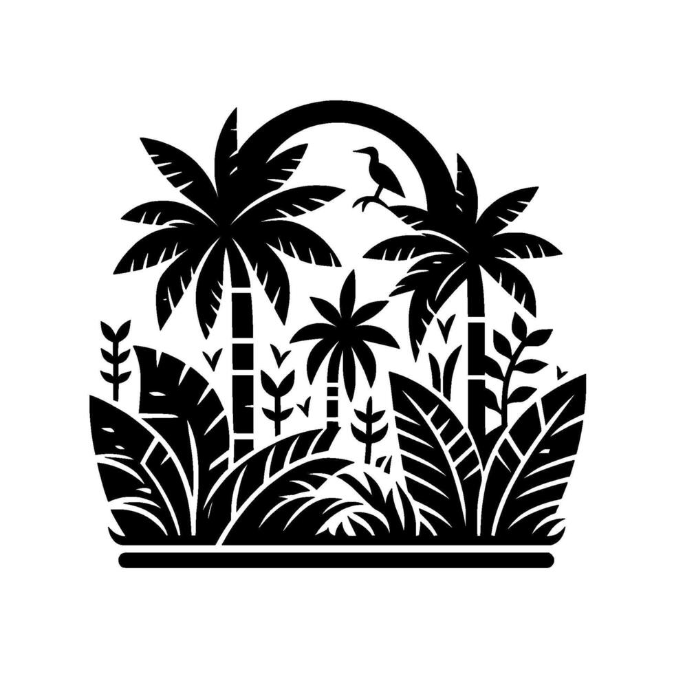 Stylized Black and White Tropical Paradise Scene Featuring Palm Trees, Bird, Lush Foliage, and Arch, Creating a Harmonious, Decorative Design. vector