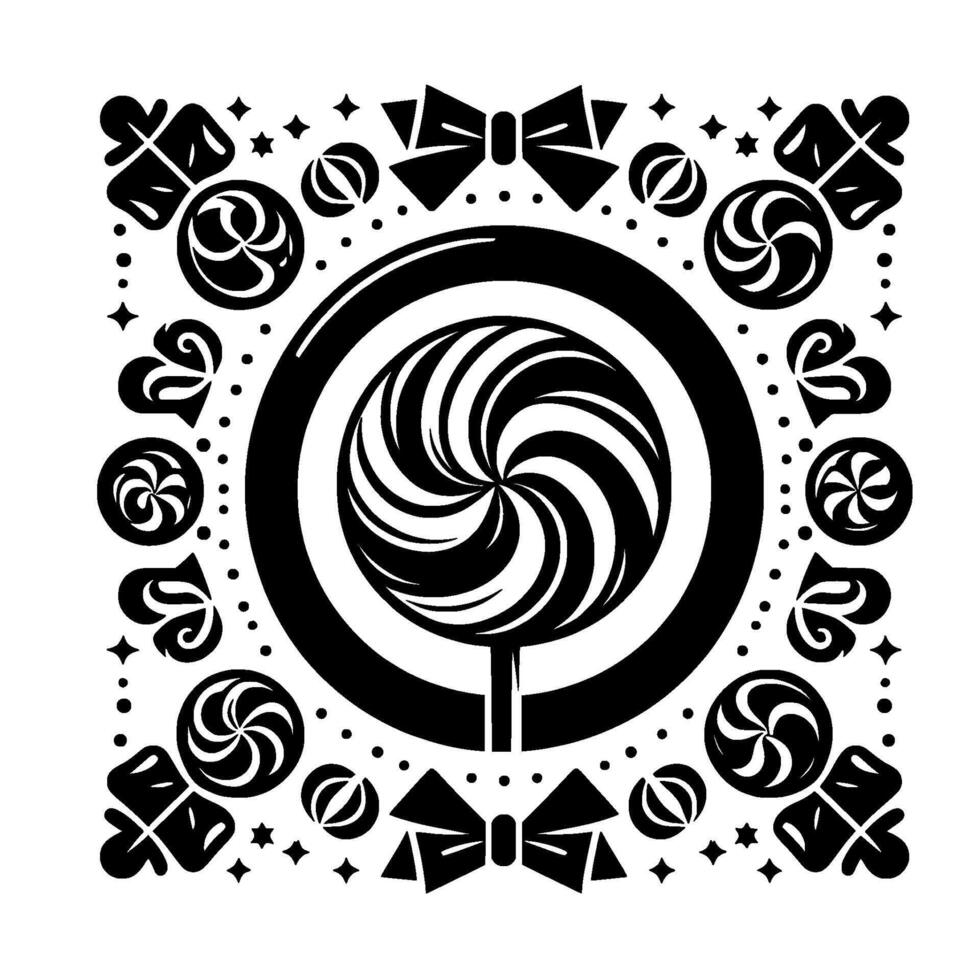 Black and White Candy Pattern Design A Large Swirl Lollipop Surrounded by Candies, Bows, and Stars on a White Backdrop. vector