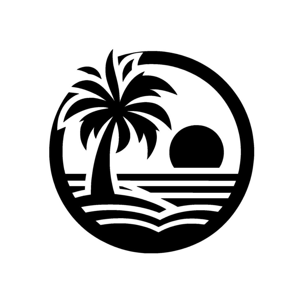 Minimalist Tropical Sunset Scene Inside a Circle, Featuring Palm Tree, Silhouette, Beach, and Sea. Black and white. vector