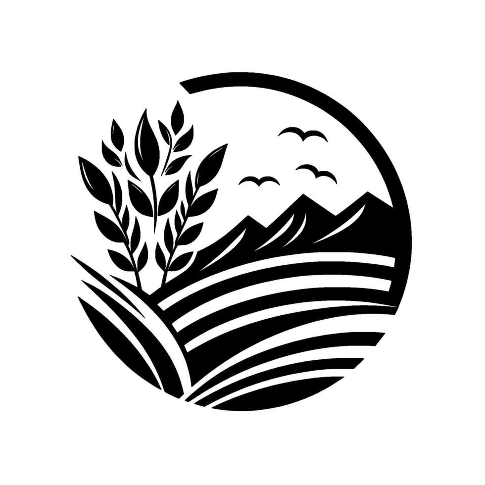 Black and White Circular Logo Lush Foliage, Rolling Fields, Mountain Silhouette, and Soaring Birds, Natures Embrace. vector