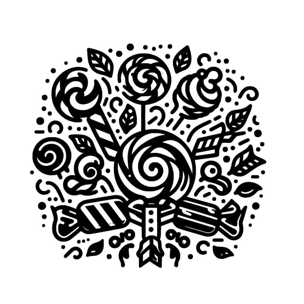 A delightful black and white illustration featuring an arrangement of candies, lollipops, and swirls, accented with leaves and dots. vector