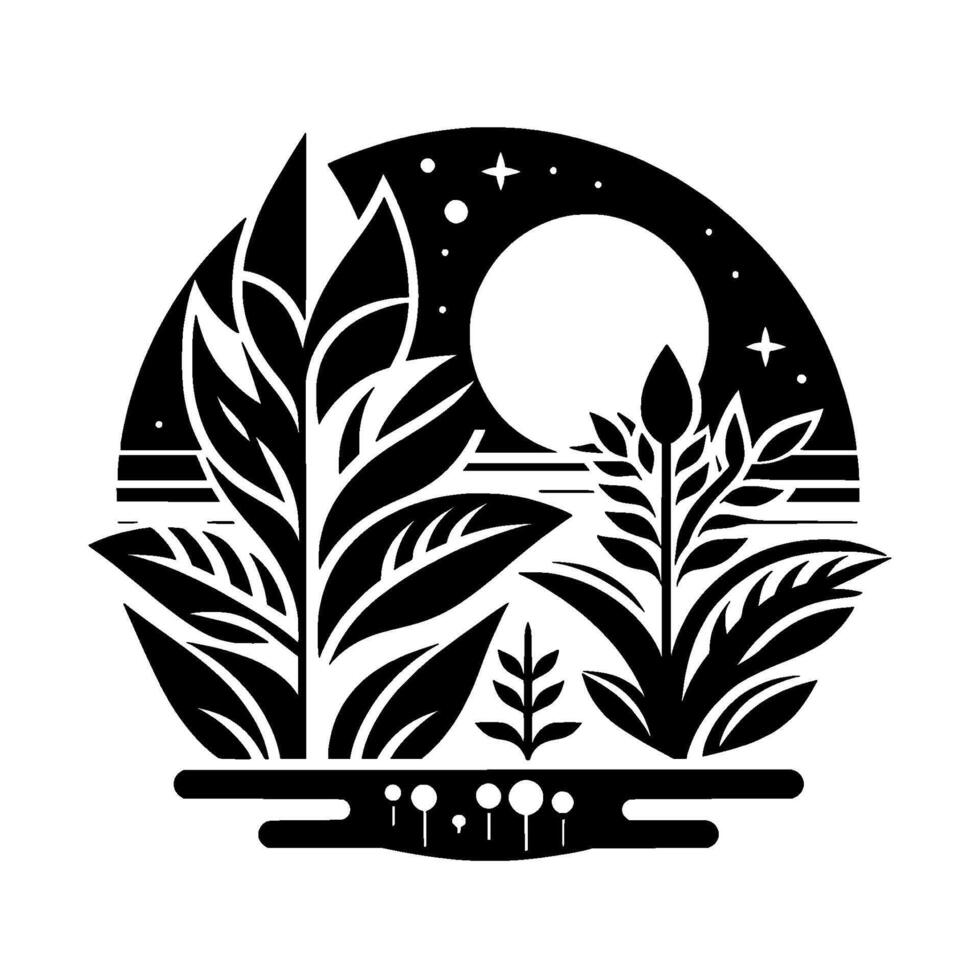 Celestial Night Garden A Minimalist Black and White Illustration Depicting Botanical Elements Under a Moonlit Sky in a Circular Frame. vector