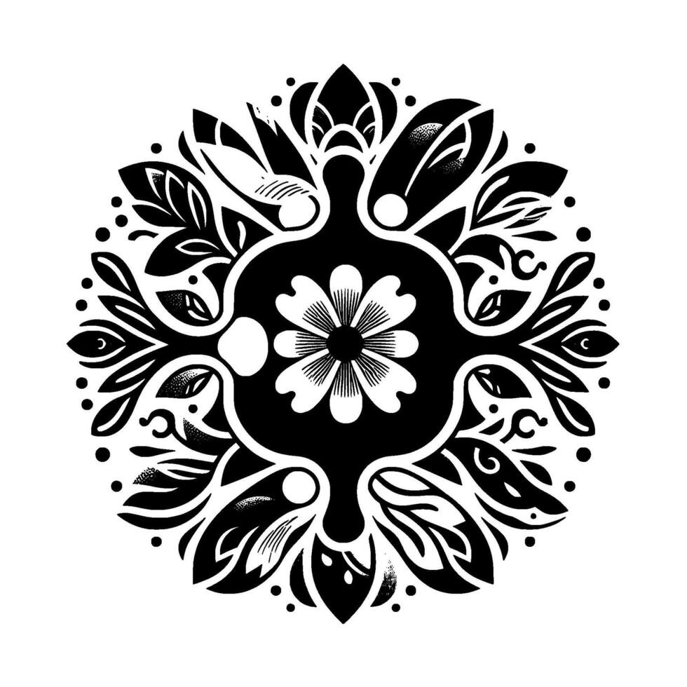 Circular, symmetrical black and white floral with intricate details, leaves, dots, and a central flower on a white backdrop, showcasing a minimalist aesthetic. vector