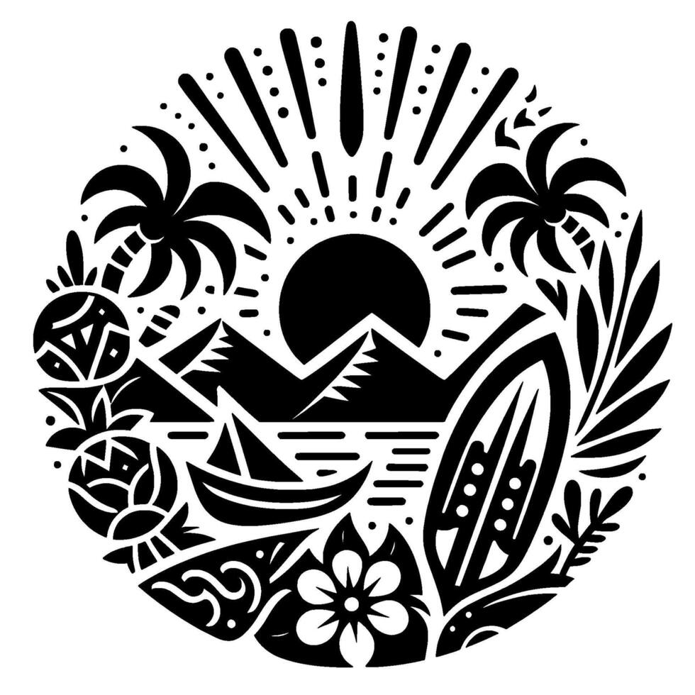 A stylized black and white circular illustration depicting a tropical scene with a sun, mountains, palm trees, surfboard, boat, and floral elements. vector