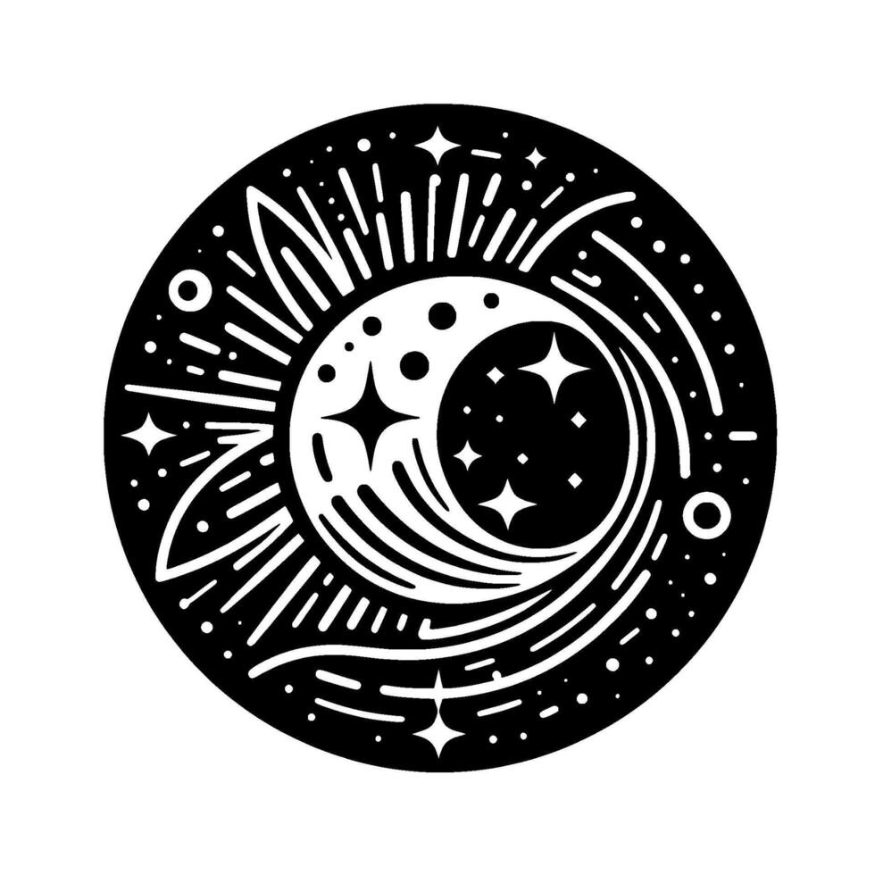Circular Black and White Celestial with Moon, Stars, and Sunburst Elements, Suggesting Mystical and Cosmic Themes. vector