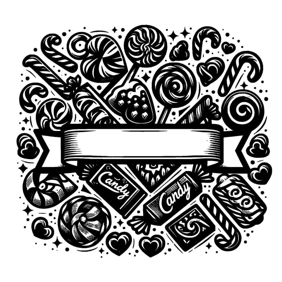 Black and White Candy Collage with Ribbon Lollipops, Candy Canes, Swirls, and Hearts on White, with Space for Text. vector