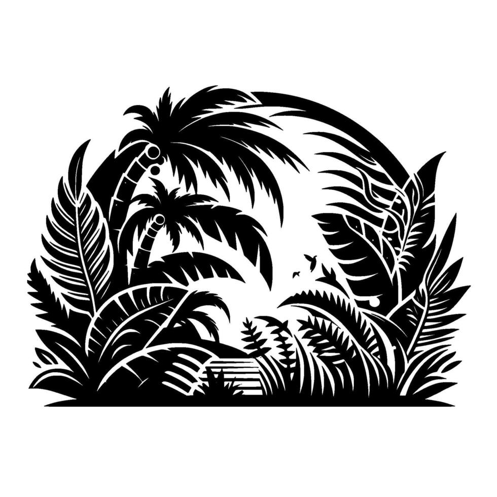 Lush Black and White Tropical Silhouette Palm Trees, Dense Foliage, and Birds in a Tranquil Beach Scene. vector