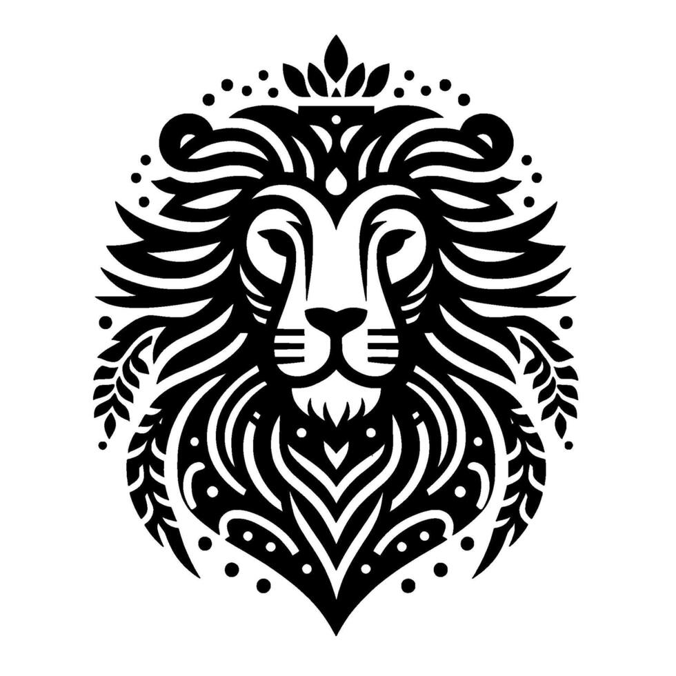 Regal Lions Head Emblem A Symmetric Black and White Illustration Featuring Crown, Flowing Mane, and Ornate Detailing. vector