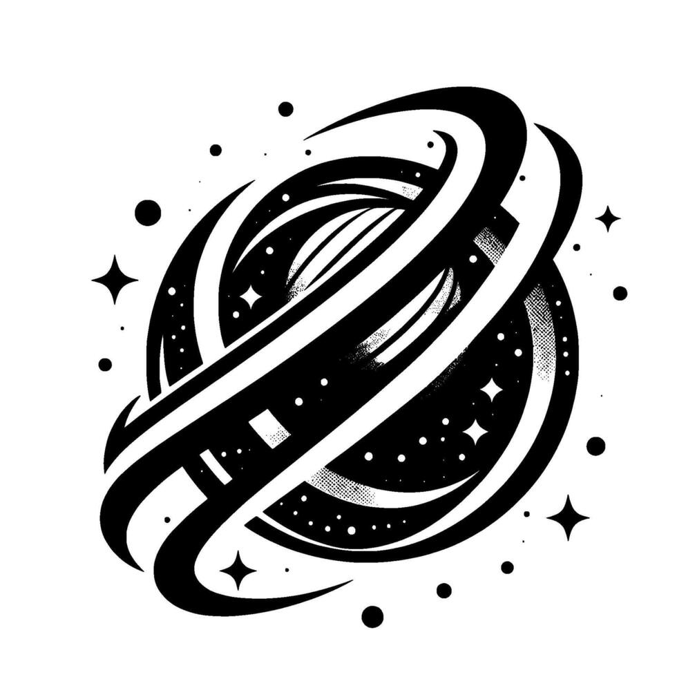 Abstract Monochromatic Saturnlike Celestial Body with Rings, Stars, and Speckled Universe on White Background. vector