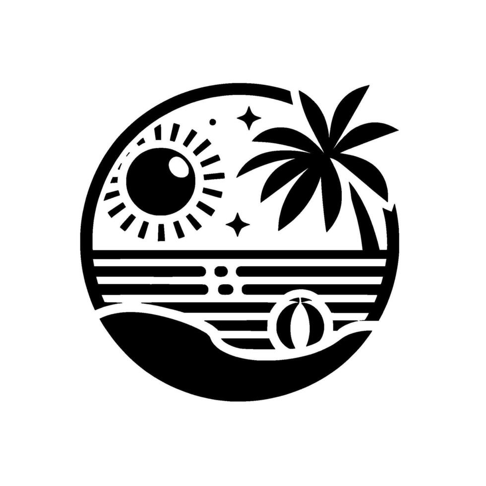 Black and white circular minimalist beach scene featuring a sun, palm tree, beach ball, stars, and sea horizon. vector