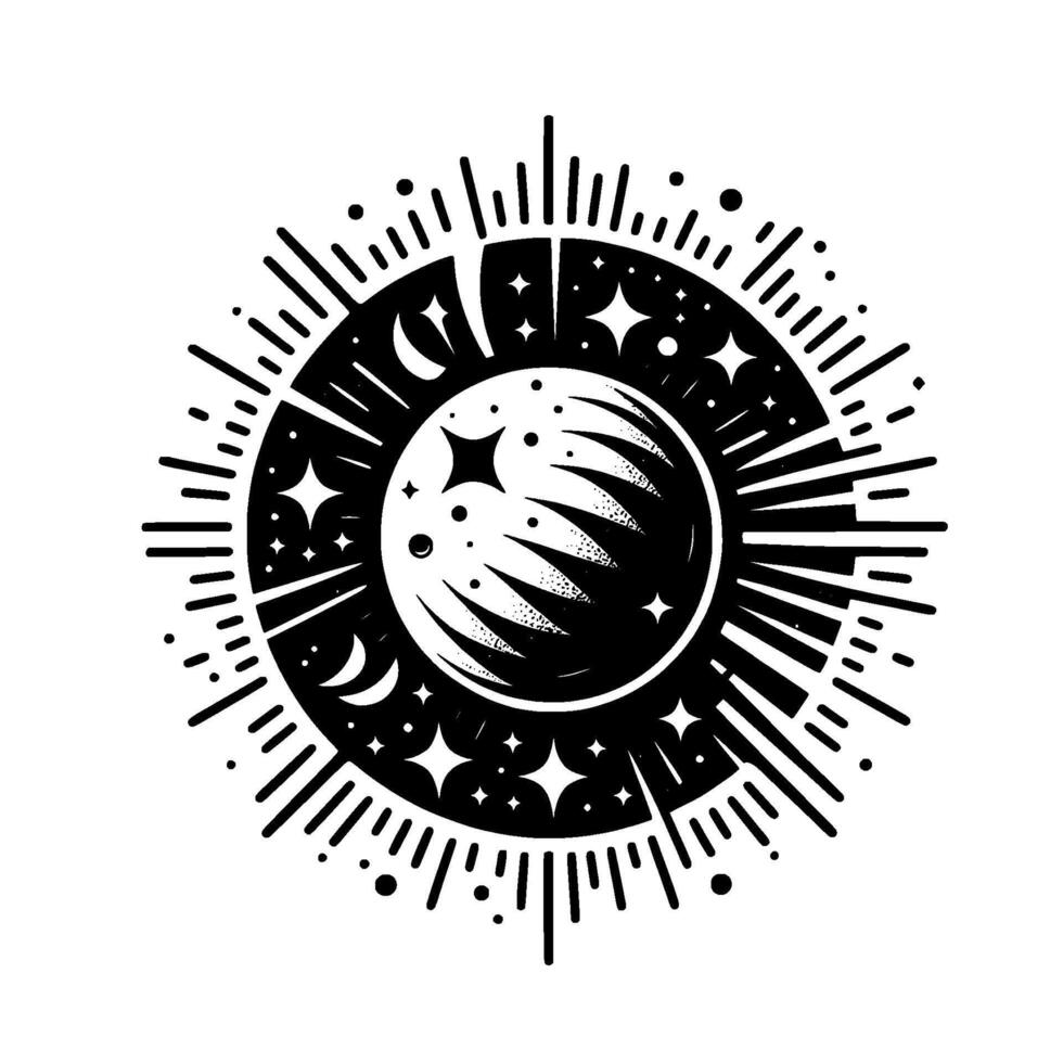 Black and white celestial illustration depicting the moon, stars, and rays in a circular, stylized design. vector