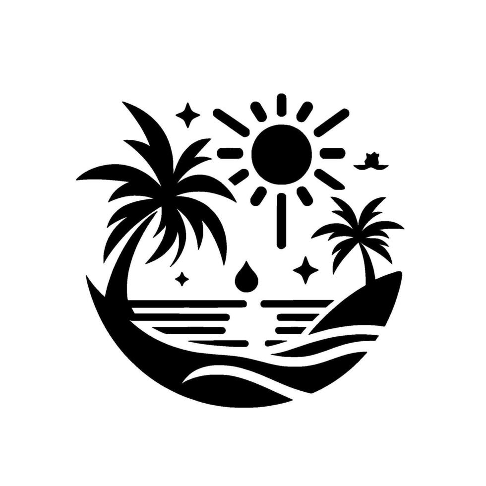 Stylized black and white illustration of a tropical island scene featuring palm trees, the sun, the ocean and a bird in a minimalist design. vector