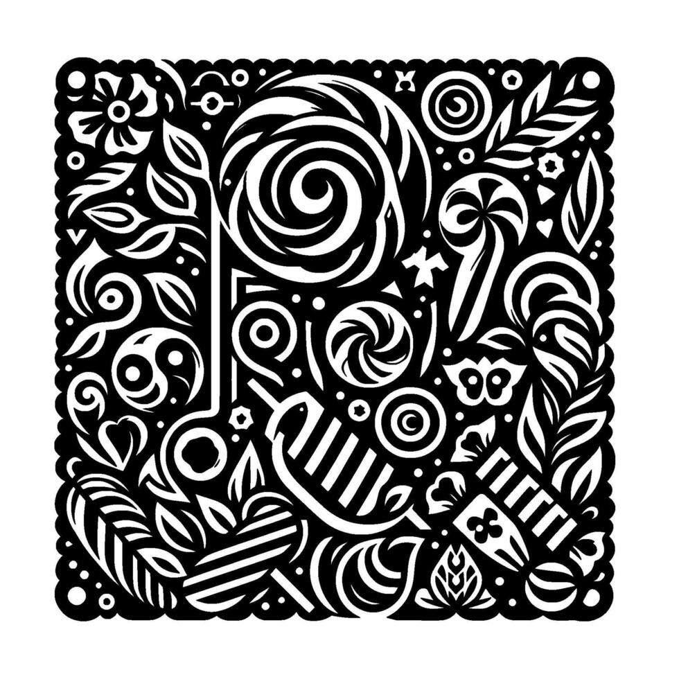 Intricate Black and White Floral and Sweet Treat Pattern in a Square Composition. vector