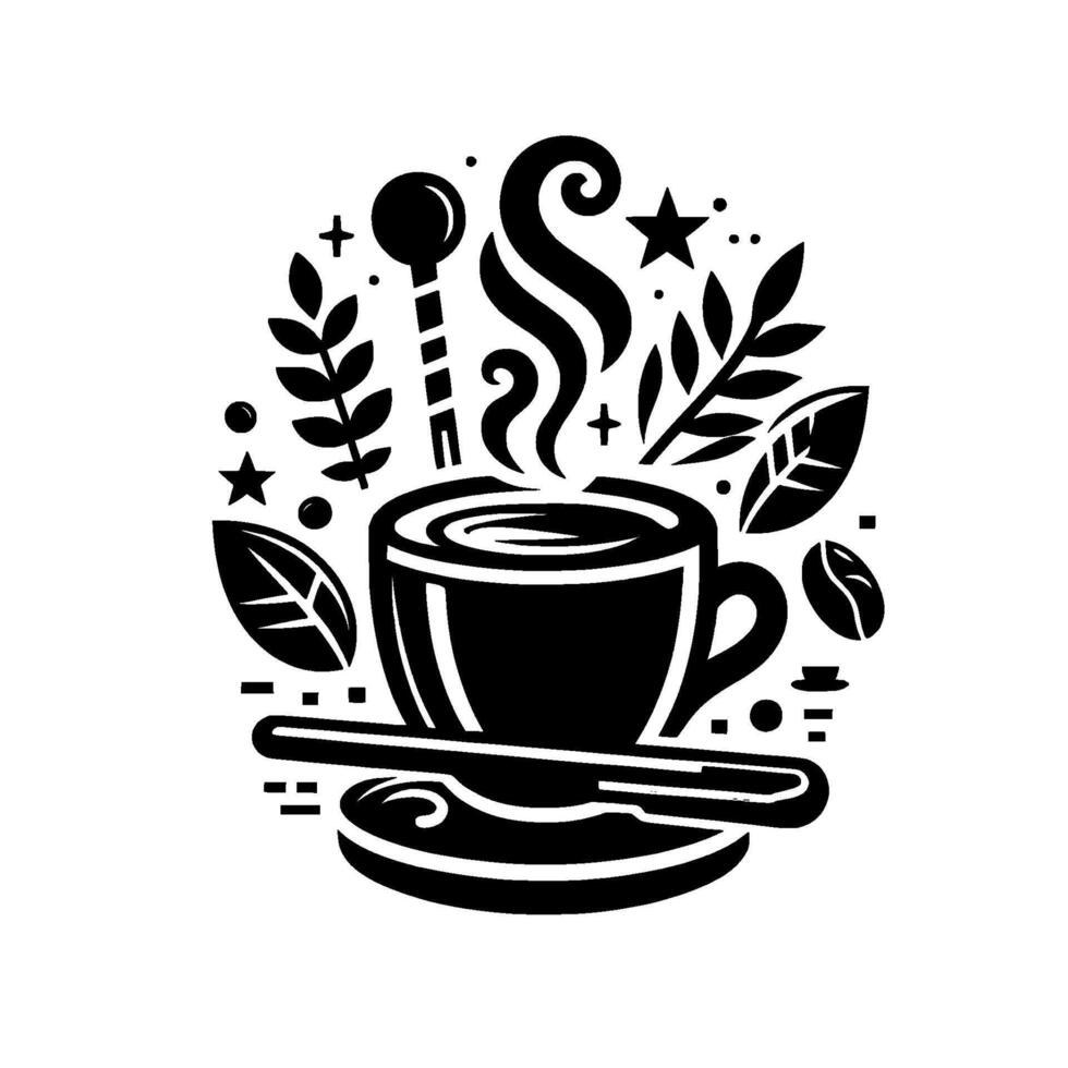 Stylized Black and White Coffee Illustration A Steaming Cup with Spoon, Saucer, and Botanical Elements, Creating a Cozy Morning Vibe. vector