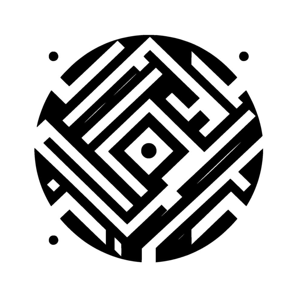 Abstract geometric in a circular shape. A black and white mazelike pattern with central dot, and four surrounding dots. vector