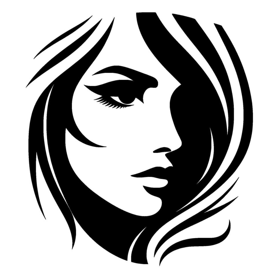 Elegant Black White Silhouette A Womans Profile with Flowing Hair, Capturing Grace and Beauty in Minimalist Style vector