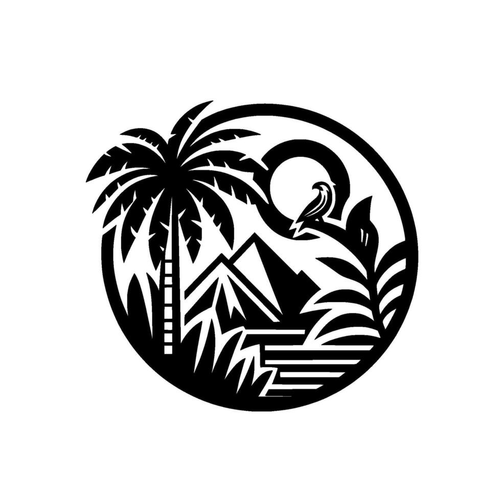 Black and white circular featuring a palm tree, mountains, a bird perched near the sun, and stylized tropical foliage, evoking a serene, minimalist landscape. vector