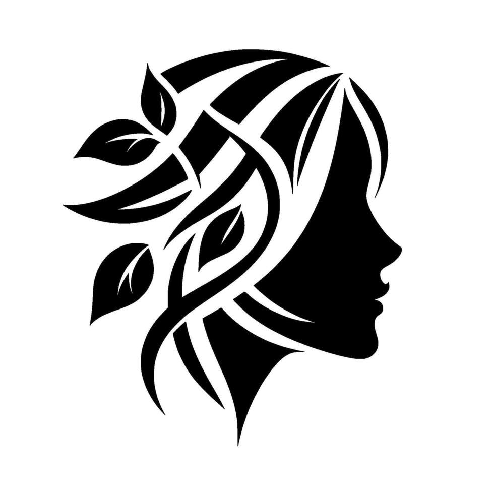 Silhouette of a womans profile with flowing hair intertwined with leaves, showcasing a evoking natures grace. vector