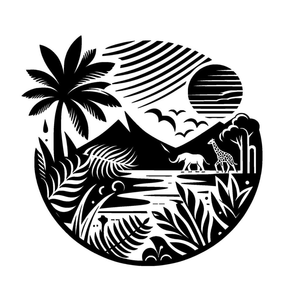 Stylized Black and White African Safari Scene Palm Tree, Elephant, Giraffe, Mountains, Sun and Birds in Circle. vector