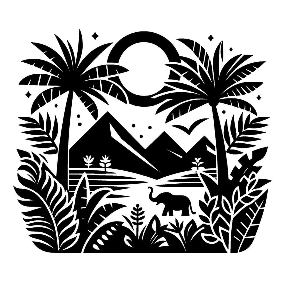 Tropical Silhouette Black and white illustration of a vibrant landscape featuring palm trees, an elephant, mountains, and a stylized sun in a serene, geometric design. vector