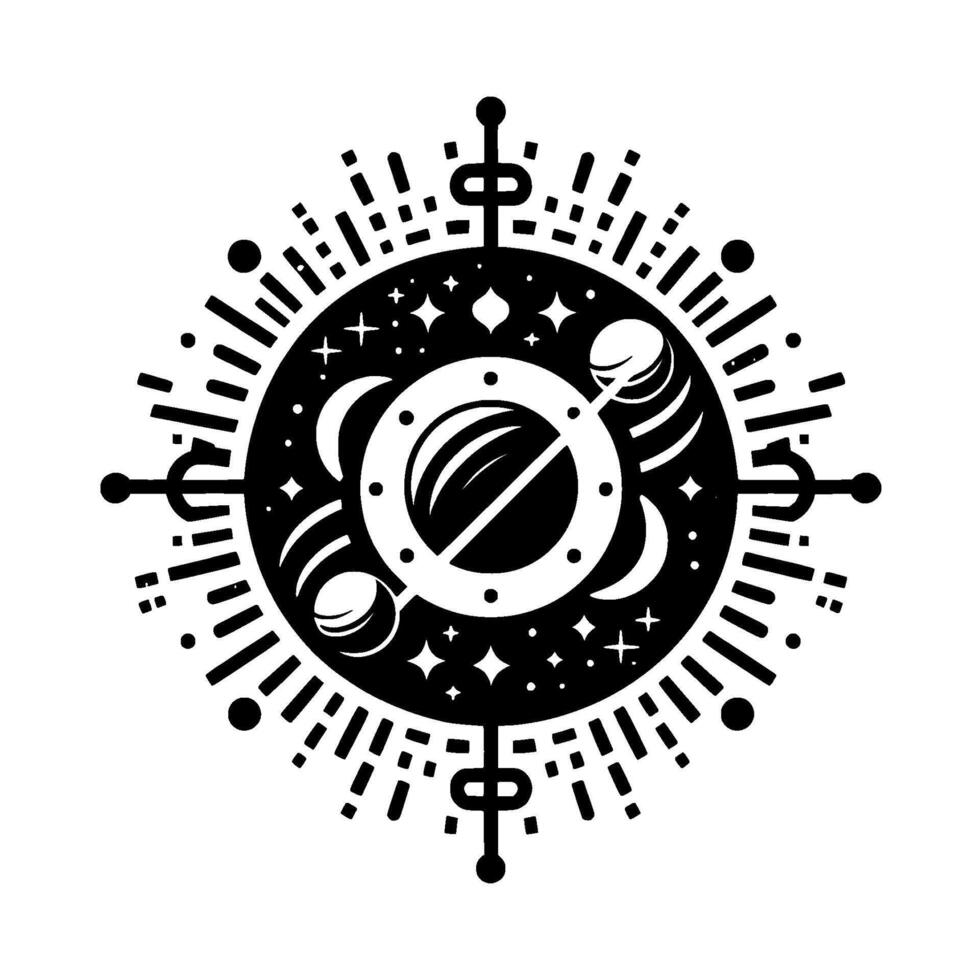 Cosmic Geometric Design Celestial Arrangement of Stars, Moons, Planets and Circular Structures in Bold Black and White. vector