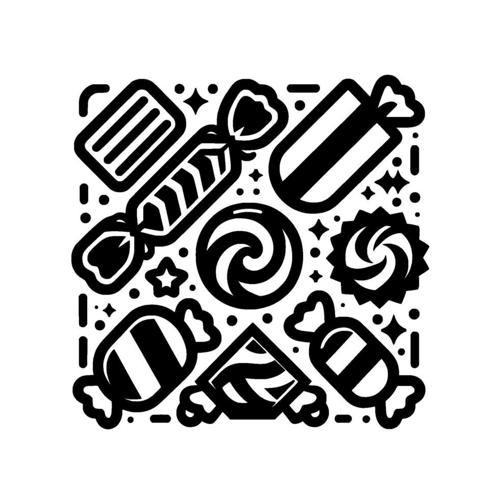 A square composition of various stylized black and white candies, lollipops, and wrappers, accented with sparkles, creating a playful and festive illustration. vector
