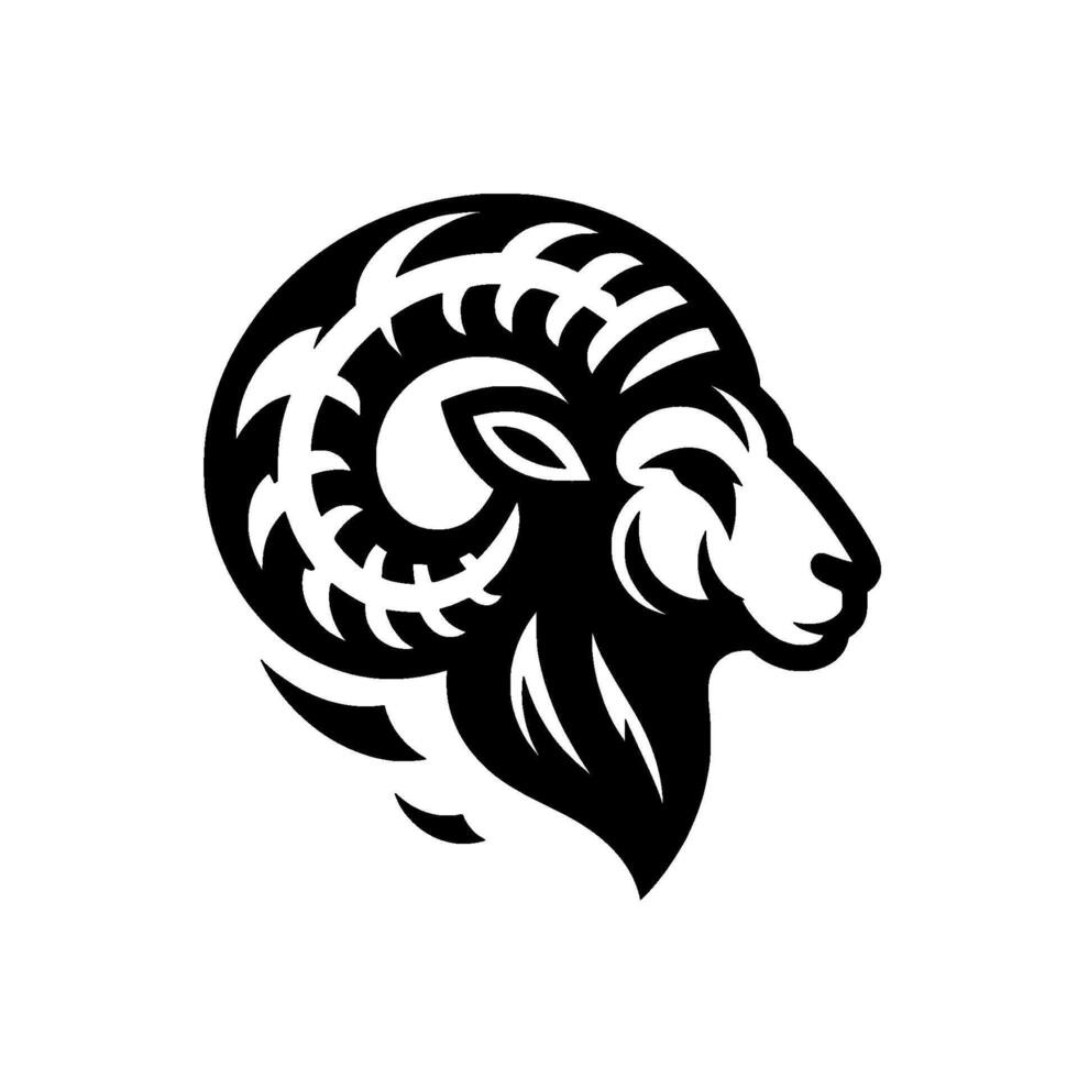 illustration of a stylized rams head profile in black and white, featuring intricate geometric patterns on its curled horns and a minimalist design. vector