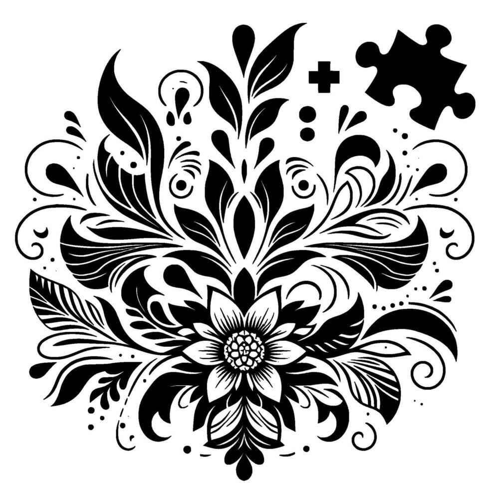 Ornate Black and White Floral Mandala with Puzzle Piece, Cross, and Dots, Illustrating Wholeness and Connection vector