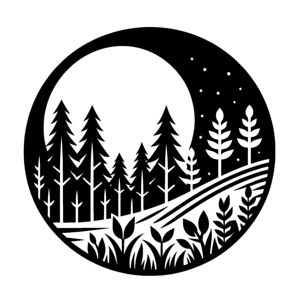 Circular black and white minimalist nature scene featuring stylized trees, a moon, and foliage, evoking a serene forest night. vector