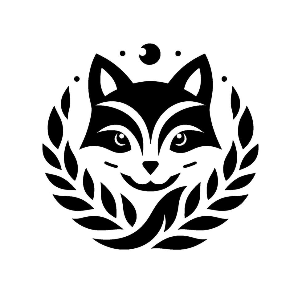 Mystical Raccoon Icon A Monochromatic Emblem of a Smiling Raccoon Within a Laurel Wreath, Moon Above. vector