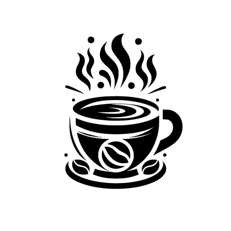 Bold Black and White Illustration of Steaming Coffee Cup with Swirling Brew, Coffee Bean Design, on Saucer, Representing Cafe Culture. vector