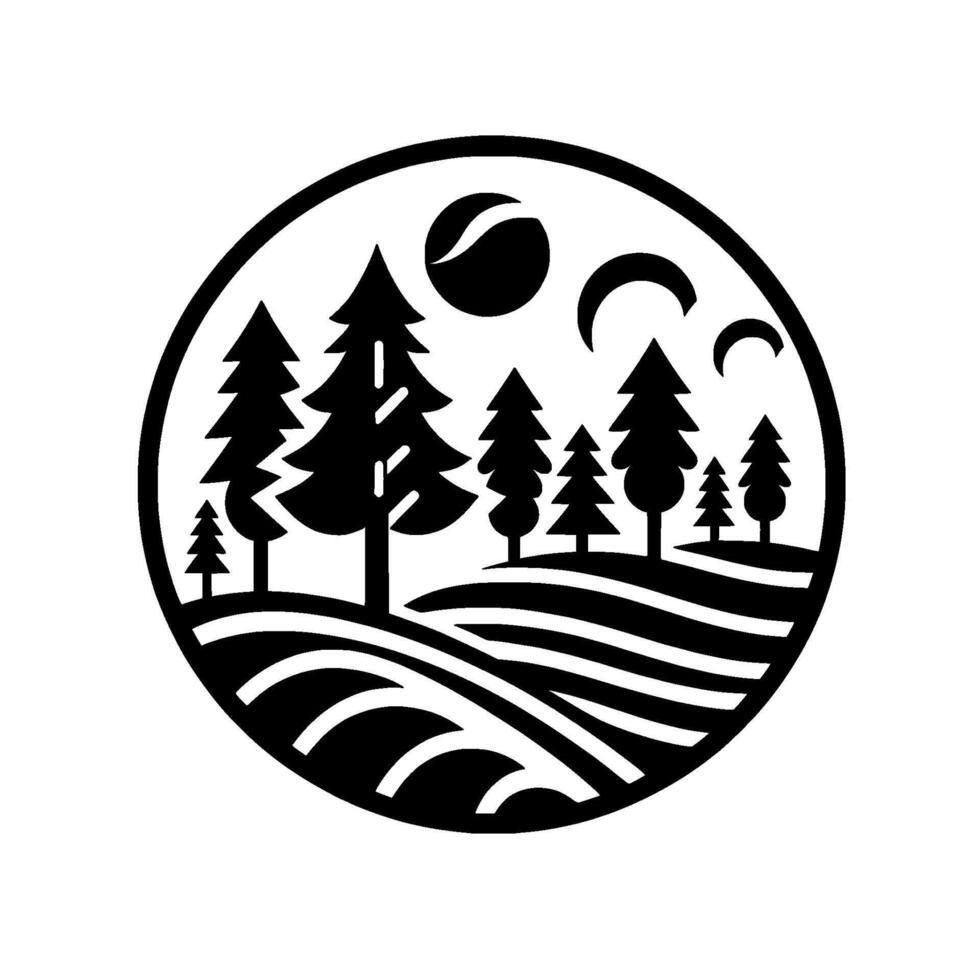 Circular black and white featuring stylized evergreen trees, rolling hills, celestial elements sun and crescent moons, and minimalist landscape composition. vector