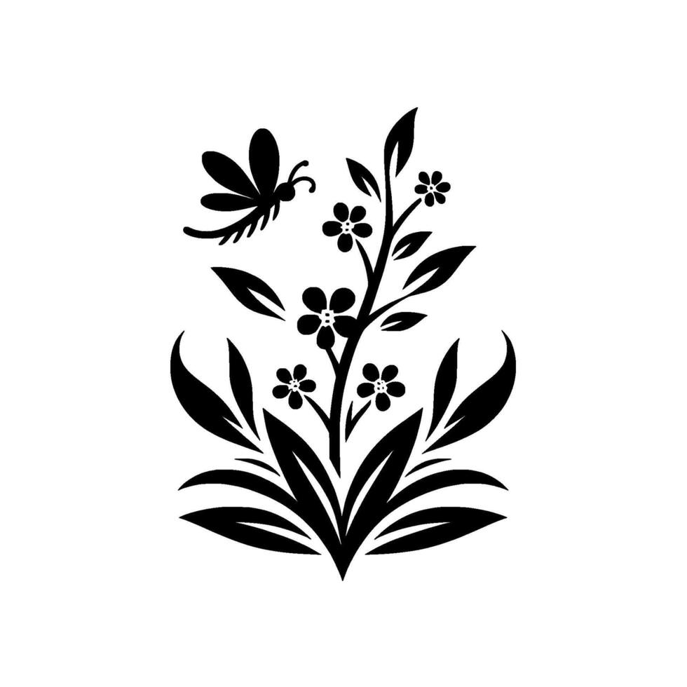 Stylized Black and White Floral Illustration Featuring a Dragonfly Hovering Near a Blooming Plant with Intricate Leaf Designs. vector