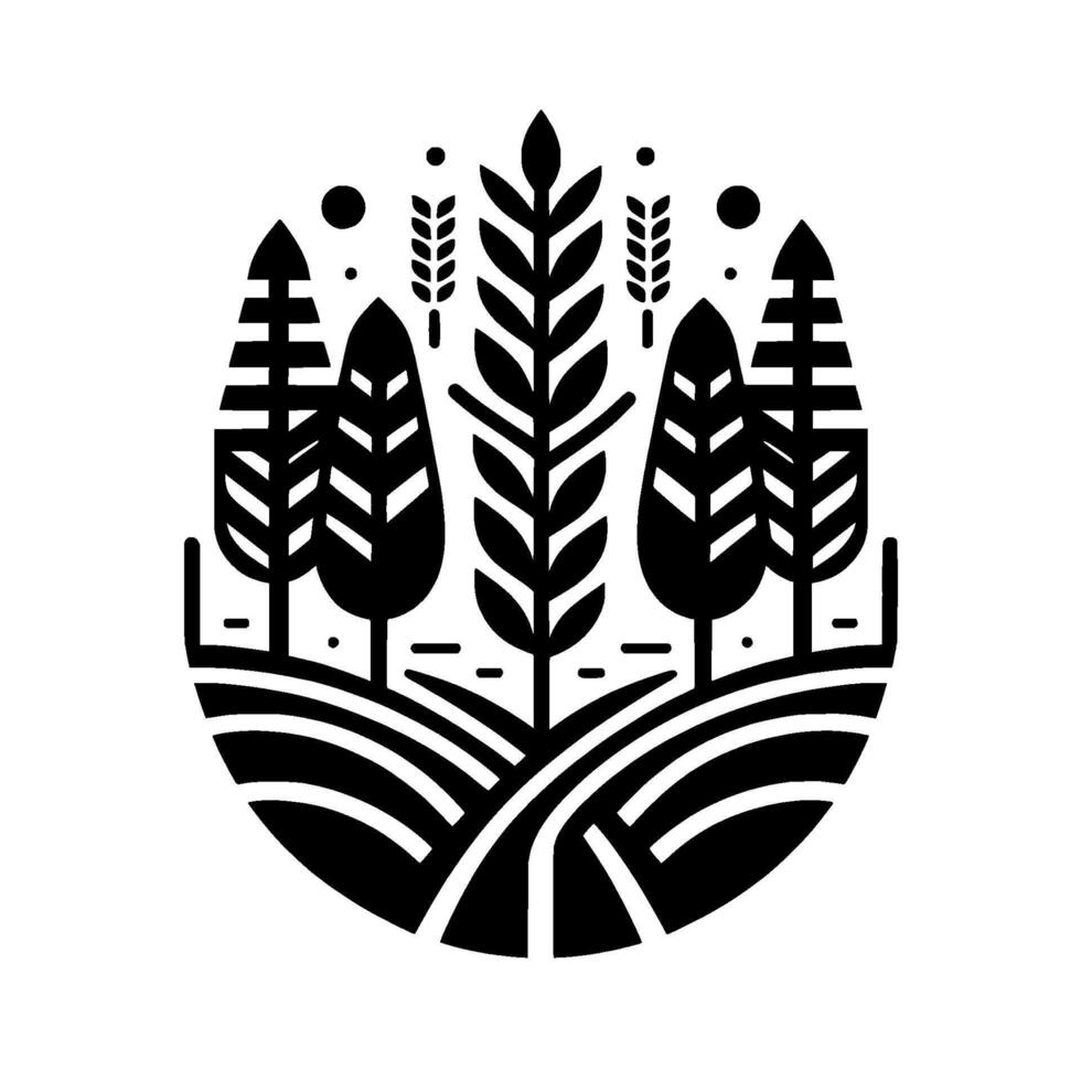 Monochrome Wheatfield Silhouette Trees, Crops, and Rolling Hills in a Circular, Minimalist for Agriculture and Nature. vector