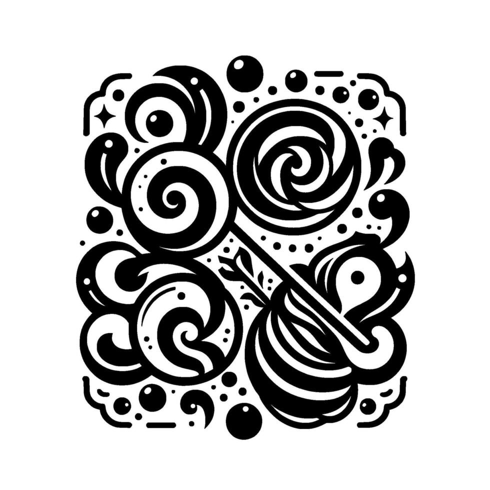 Intricate Black and White Illustration of Swirling Lollipops, Candy, and Ornate Decorative Elements in a Symmetrical Design. vector