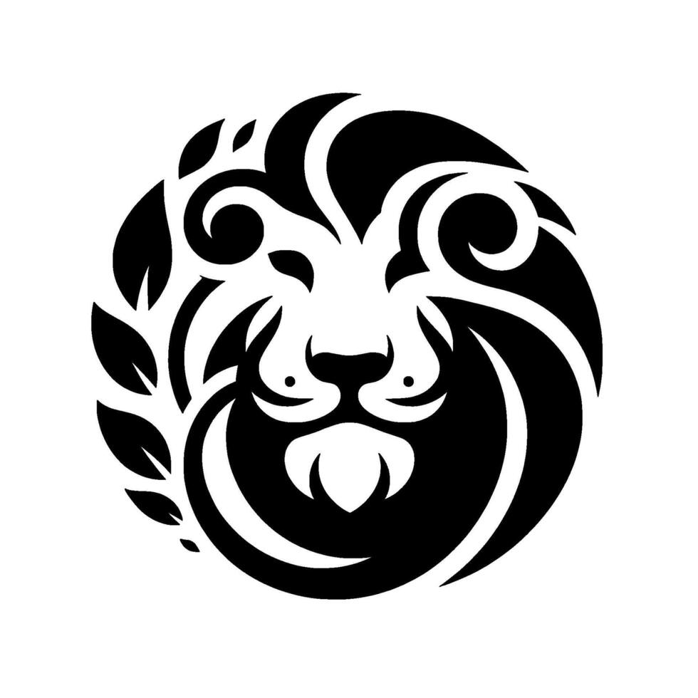 Bold Black and White Lion Crest Circular featuring a stylized lion head with swirling mane and laurel branch, on a clean white backdrop. vector