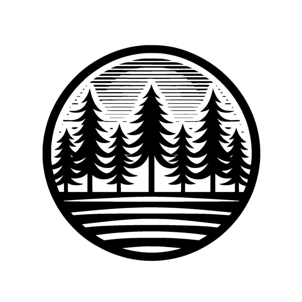 Black and white minimalist forest scene illustration within a circular frame, featuring stylized pine trees, horizontal lines for sky and foreground. vector