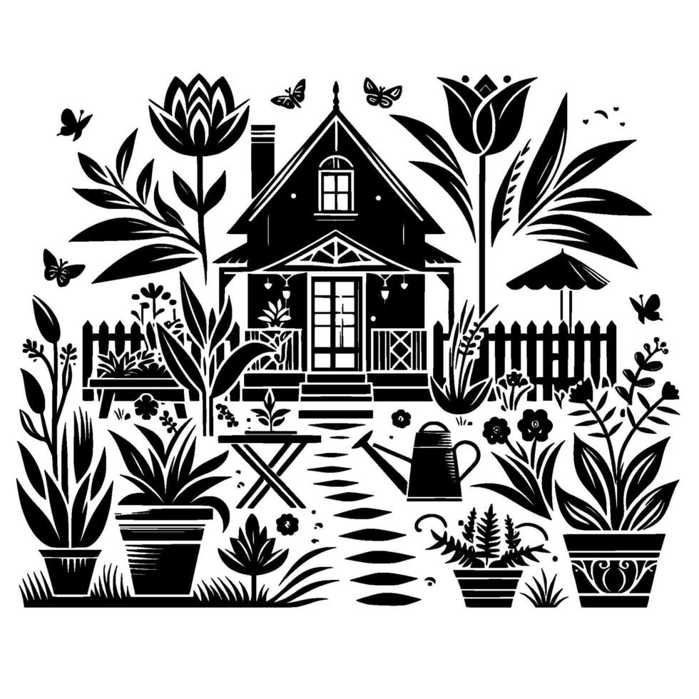 Intricate Black and White Illustration Charming Cottage Amidst Abundant Garden, Butterflies Fluttering, Serene Atmosphere. vector