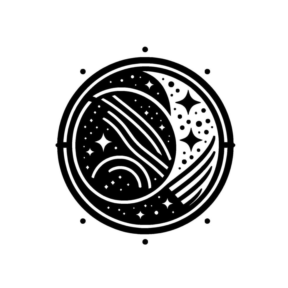 Intricate Celestial Black and White Circular Design Crescent Moons, Stars, Arcs, and Cosmic Elements Enclosed in a Decorative Border. vector